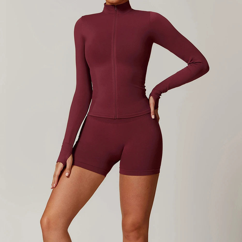 New Fashion High Impact Yoga Jacket and Gym Leggings Set Custom logo Seamless Workout Leggings Shorts Set for Women