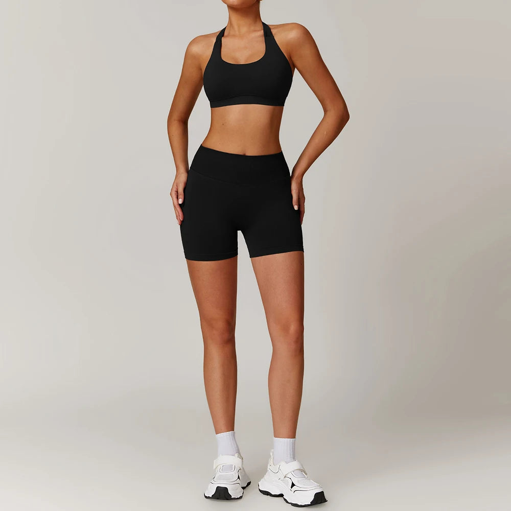 New Fashion High Impact Yoga Jacket and Gym Leggings Set Custom logo Seamless Workout Leggings Shorts Set for Women
