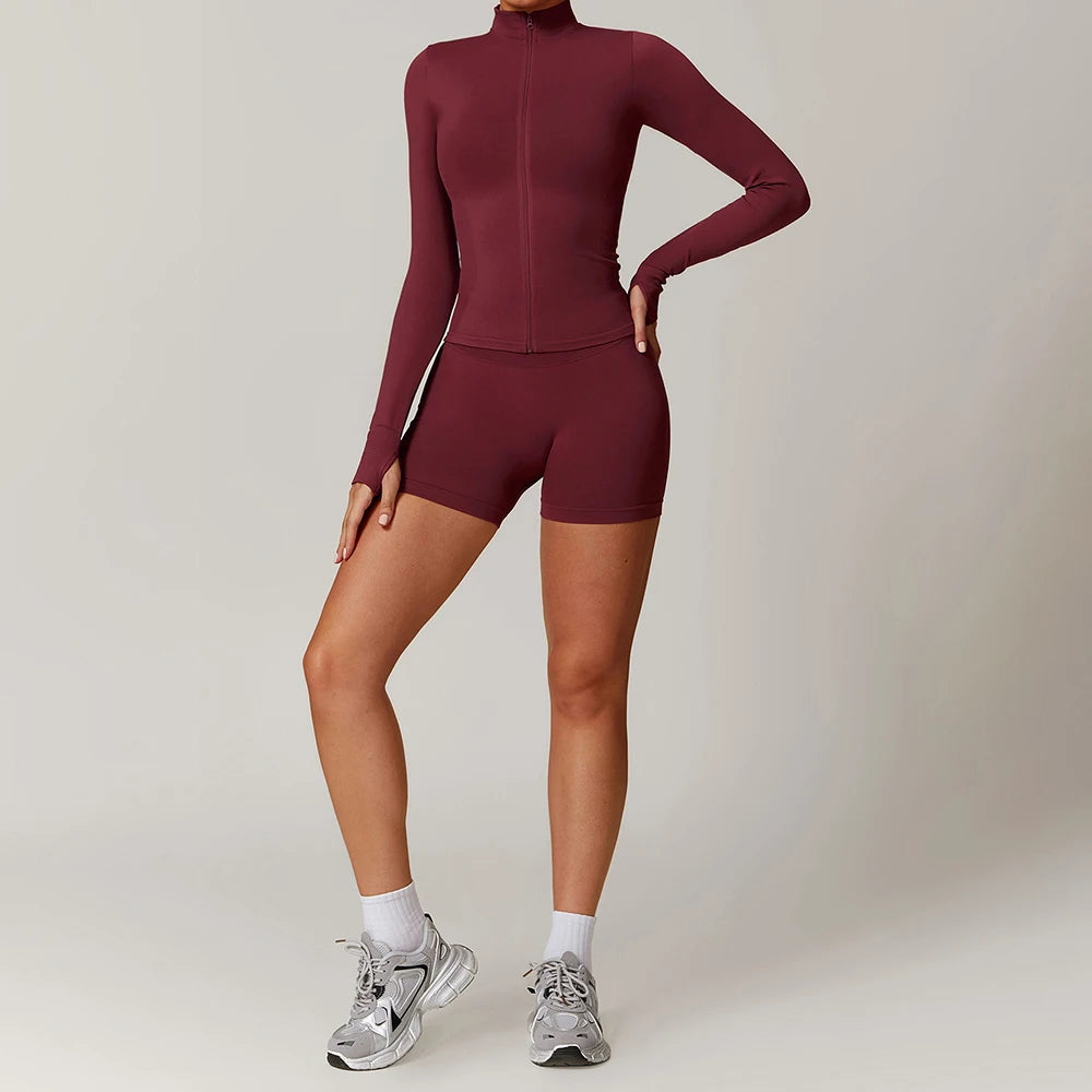 New Fashion High Impact Yoga Jacket and Gym Leggings Set Custom logo Seamless Workout Leggings Shorts Set for Women