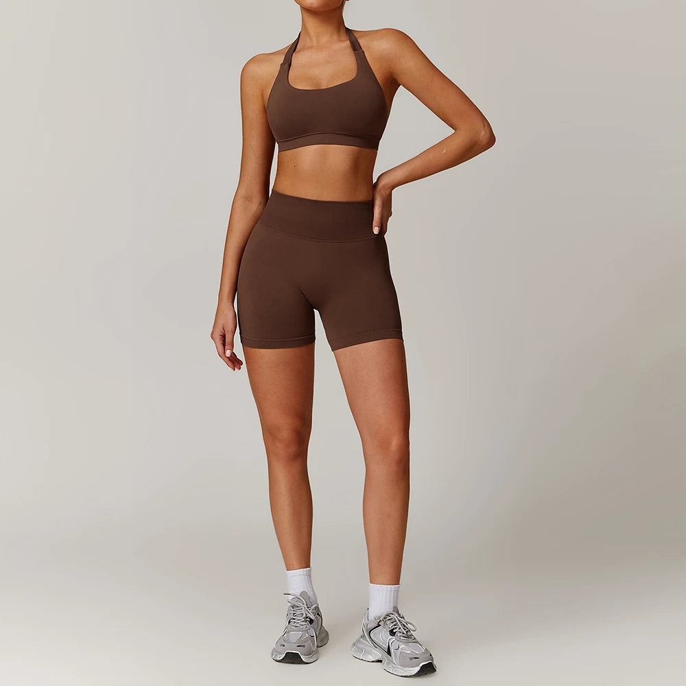 New Fashion High Impact Yoga Jacket and Gym Leggings Set Custom logo Seamless Workout Leggings Shorts Set for Women