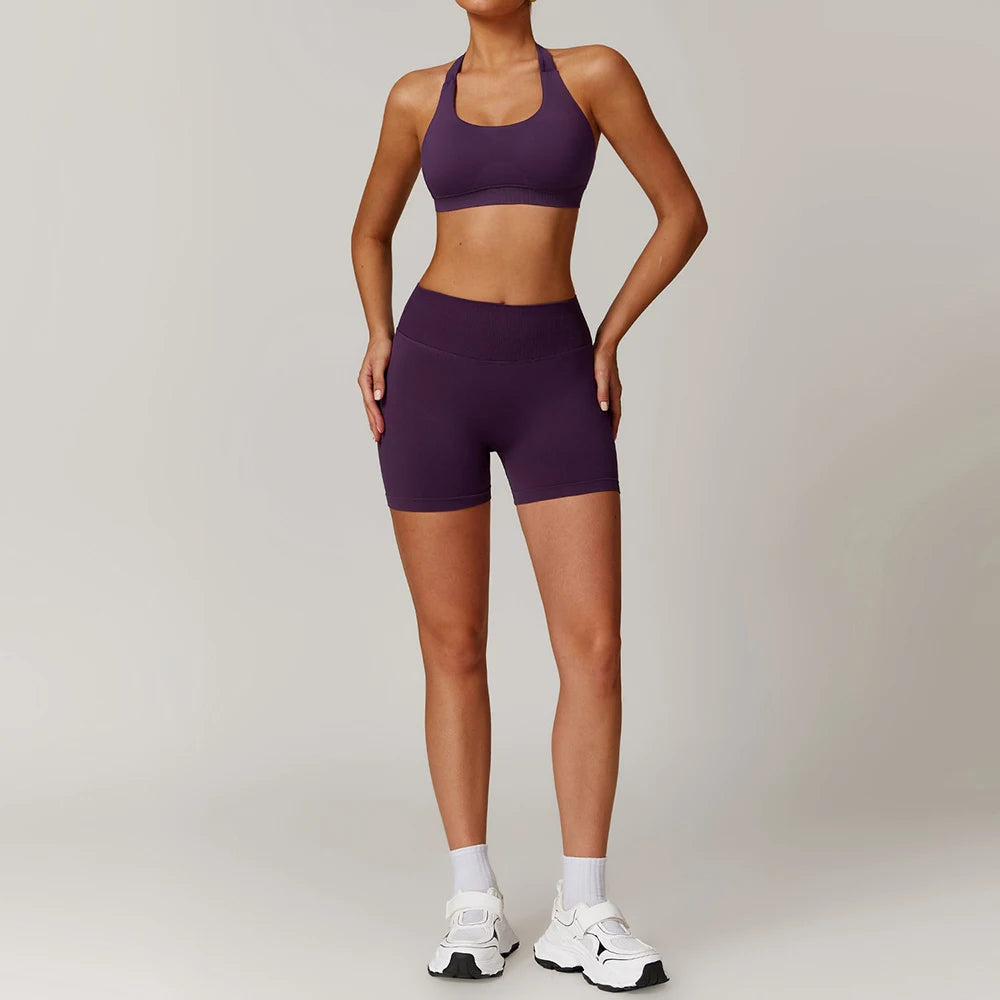 New Fashion High Impact Yoga Jacket and Gym Leggings Set Custom logo Seamless Workout Leggings Shorts Set for Women
